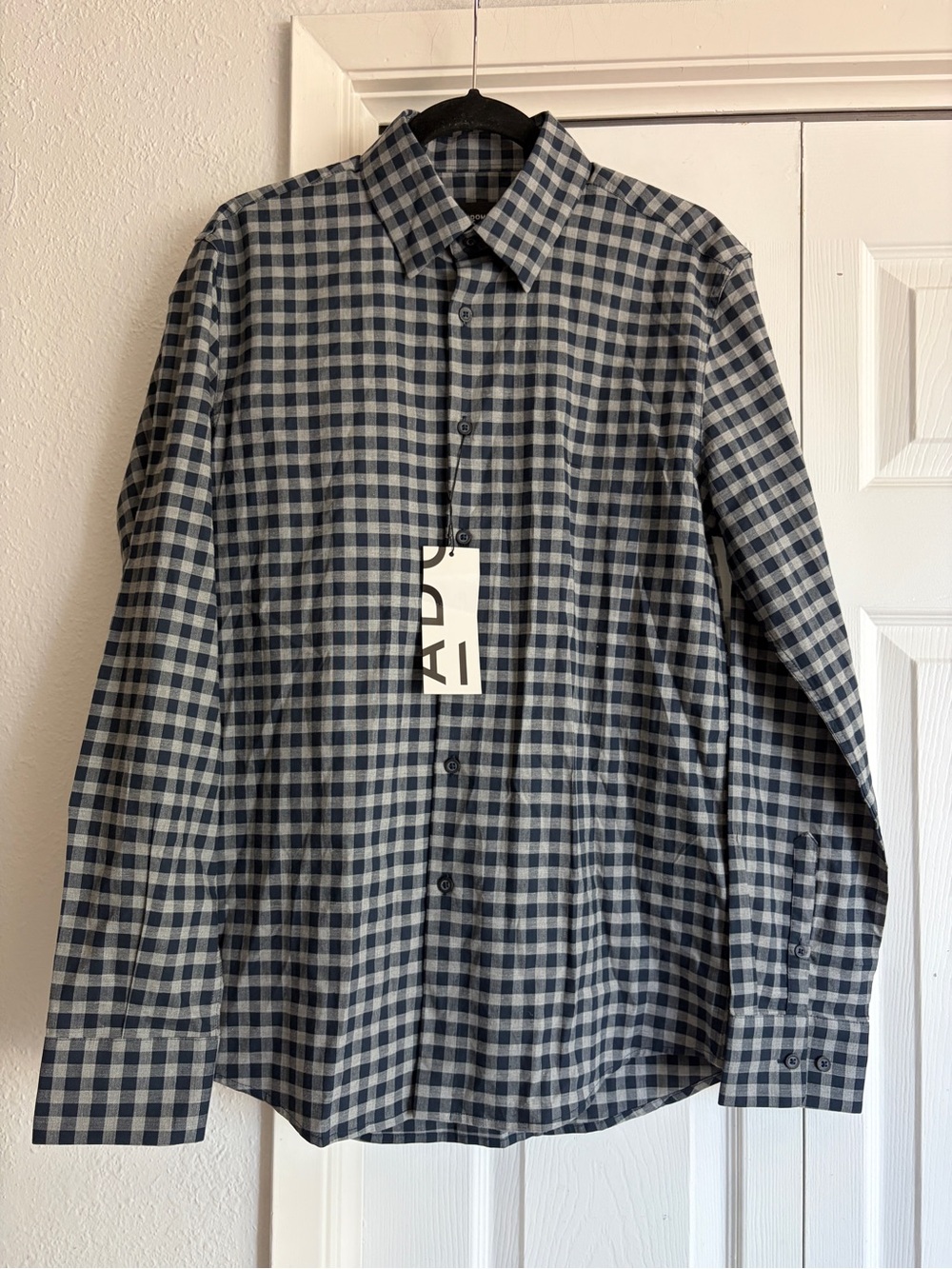 Adolfo Dominguez Men's Navy and Light Gray Gingham Check Long-Sleeve Shirt